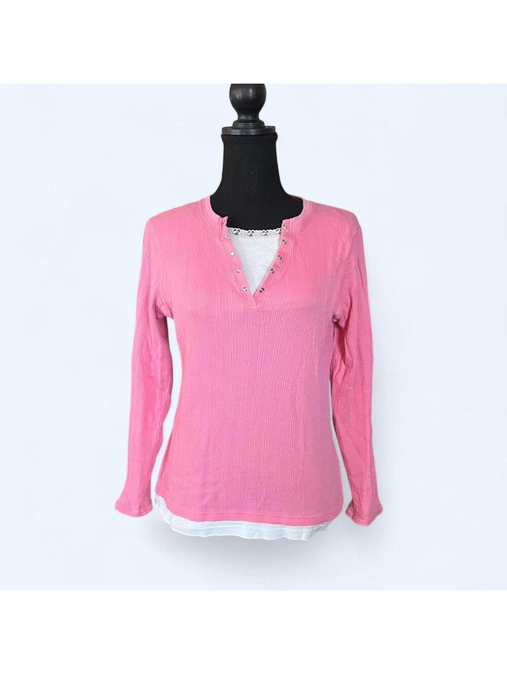 Vintage Y2K pink ribbed lace henley top coquette fairycore XS S fit (tag XL) 💖